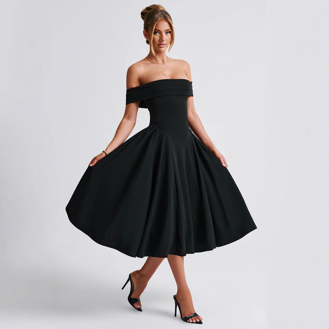 Elegant women's off-shoulder A-line midi dress, perfect for formal evening parties and cocktails.