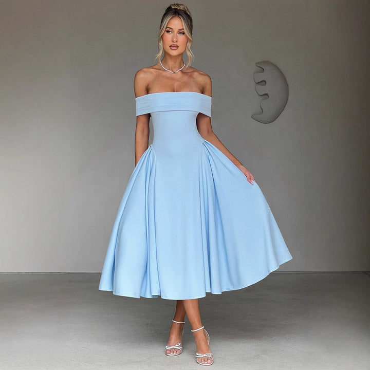 Chic off-shoulder A-line midi dress, ideal for parties, cocktails & special occasions, showcasing a flattering fit.