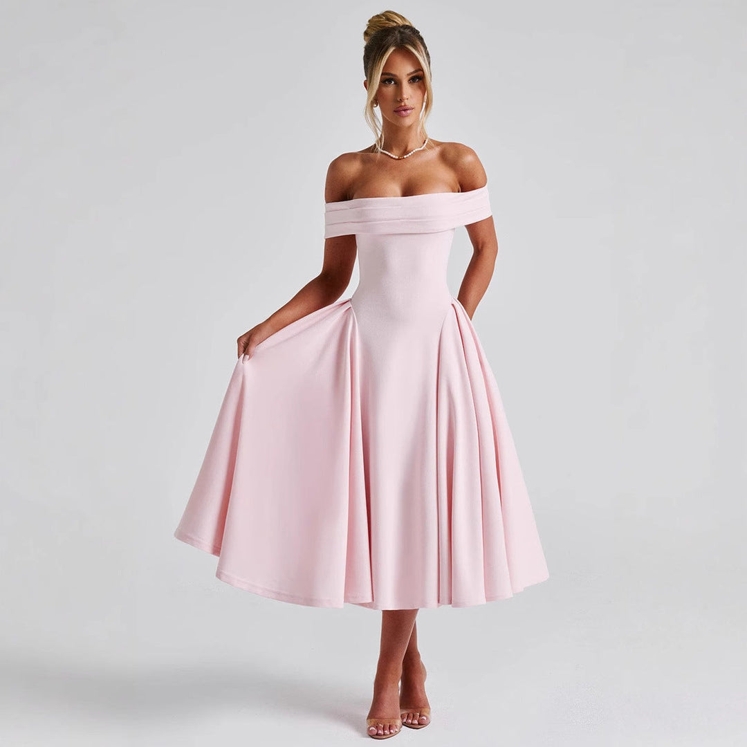 Women's sophisticated off-shoulder A-line midi dress, offering an elegant and flattering silhouette for events.