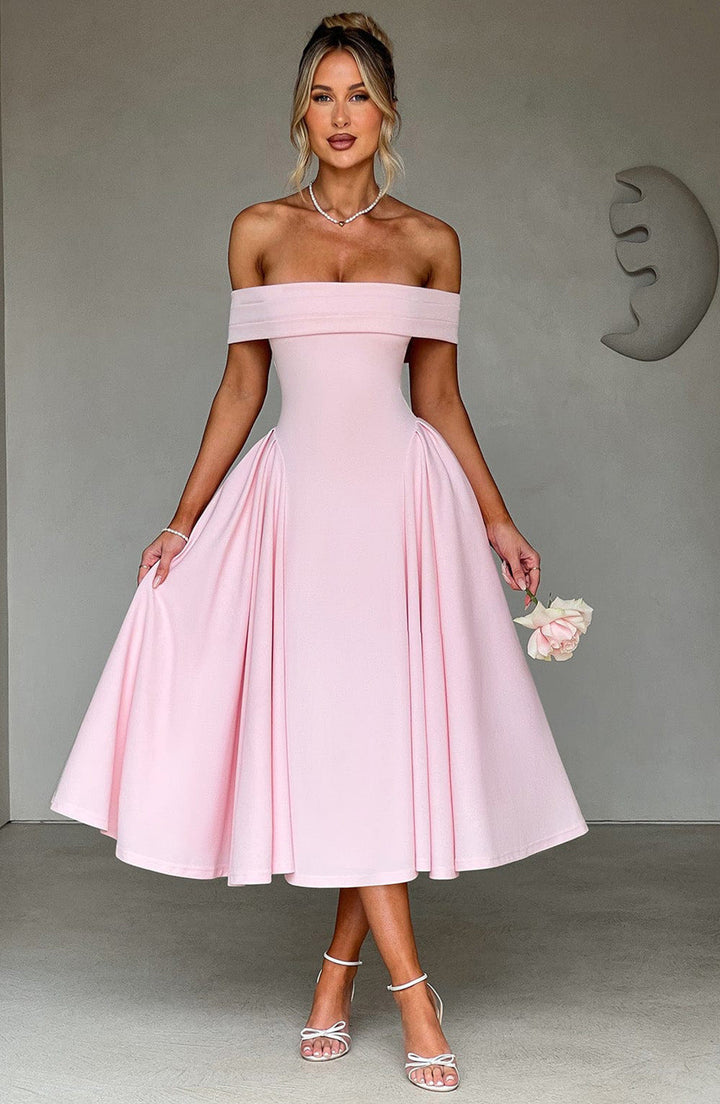 Formal women's elegant midi dress with off-shoulder neckline & A-line cut, perfect for evening wear & special events.