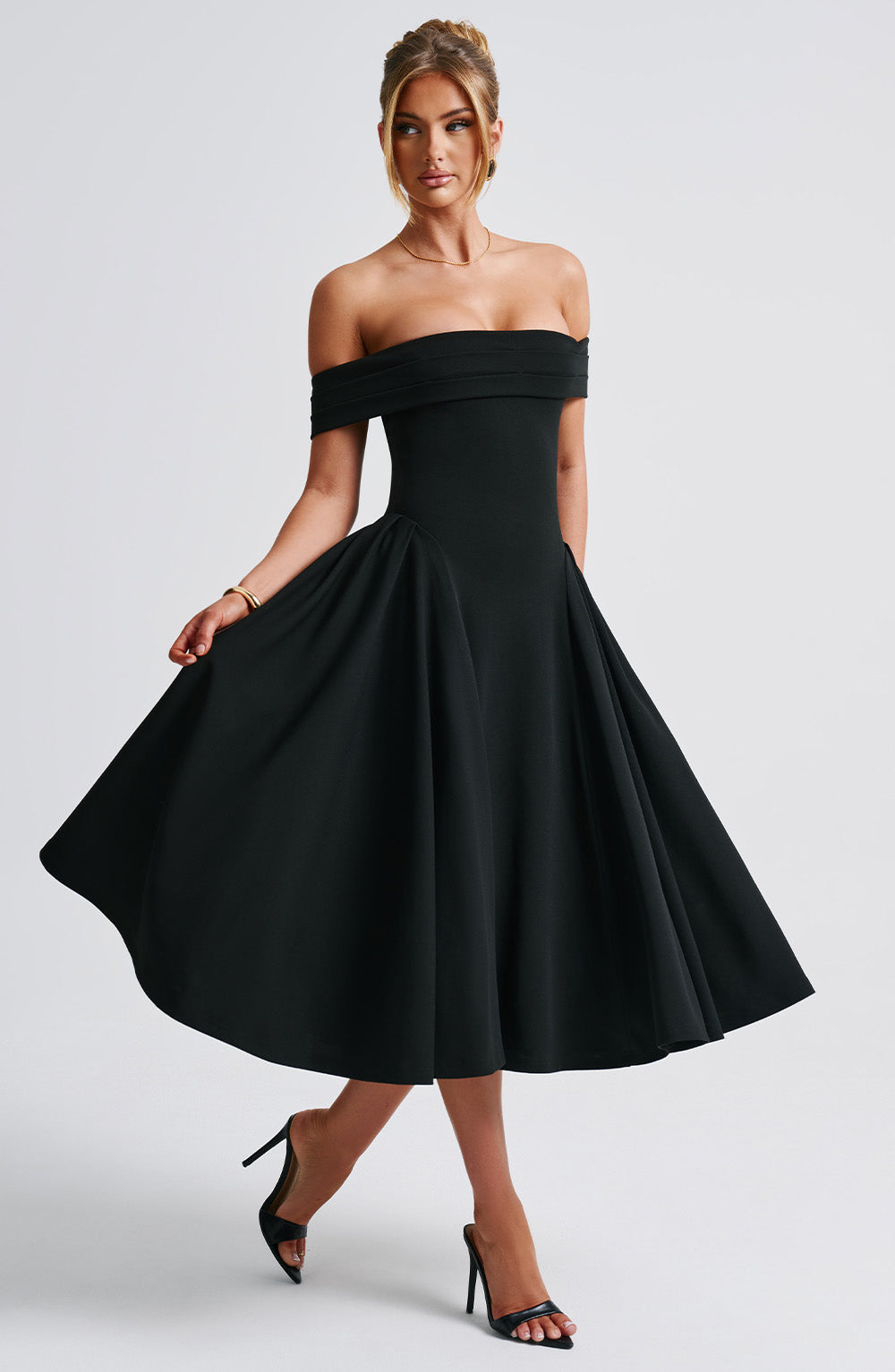 Classic elegant off-shoulder A-line midi dress, a chic choice for any formal occasion or evening party wear.
