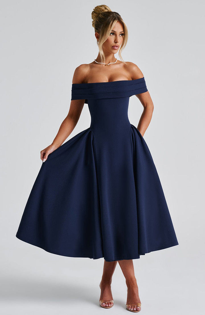 Sophisticated off-shoulder A-line midi dress for women, designed for a flattering fit at parties & formal events.