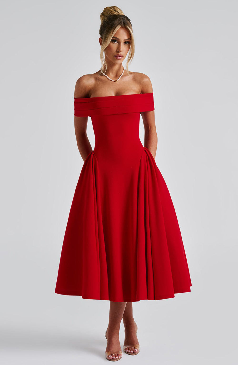 Versatile elegant women's off-shoulder A-line midi dress, ideal for evening, party, cocktail & formal occasions.