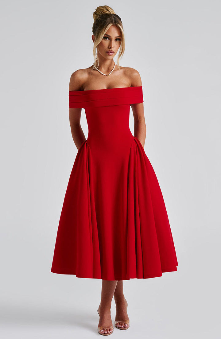 Versatile elegant women's off-shoulder A-line midi dress, ideal for evening, party, cocktail & formal occasions.