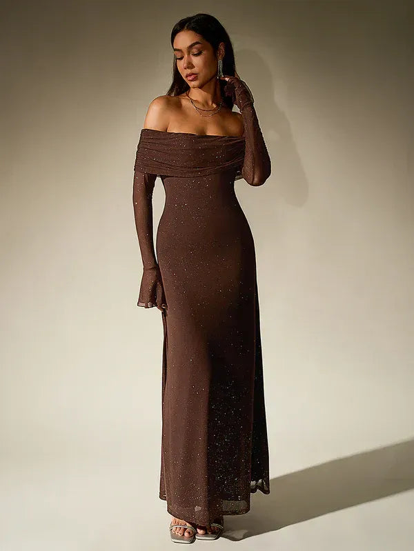 Elegant women's off-shoulder black maxi evening gown with long sleeves, perfect for formal events.