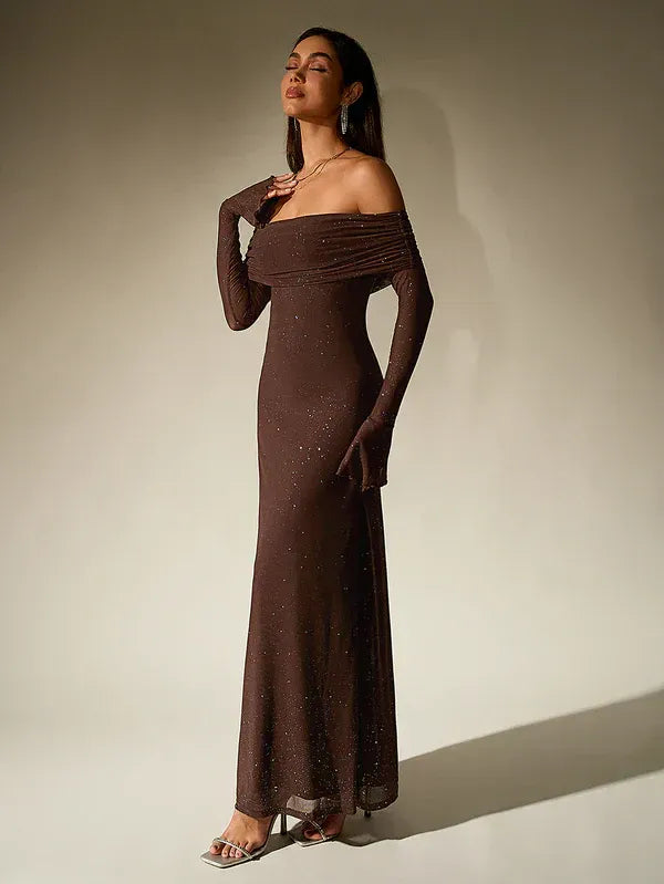 Sophisticated women's off-shoulder long sleeve maxi dress, a luxurious evening gown for special occasions.