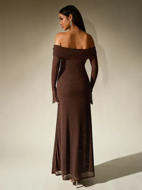 Stunning women's off-shoulder formal maxi dress, a fitted long sleeve evening gown ideal for black tie events.