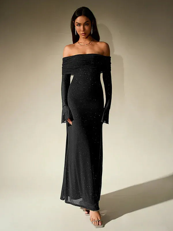 Chic women's off-shoulder long sleeve evening gown, a sophisticated maxi dress perfect for formal occasions.
