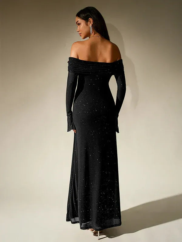 Graceful women's long sleeve off-shoulder maxi dress, an elegant evening gown with a flowing silhouette.