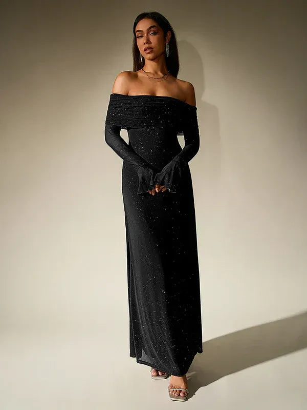 Beautiful women's off-shoulder long sleeve formal maxi dress, an elegant evening gown for sophisticated parties.
