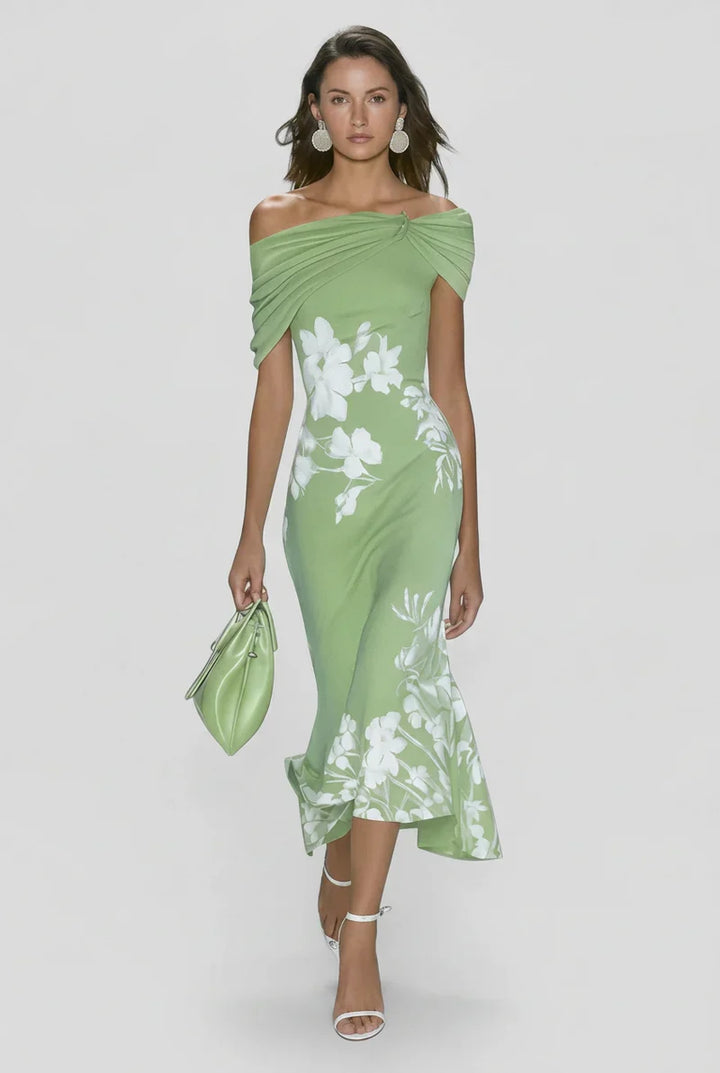 Elegant women's off-shoulder floral midi bodycon dress, perfect for summer parties & cocktails.
