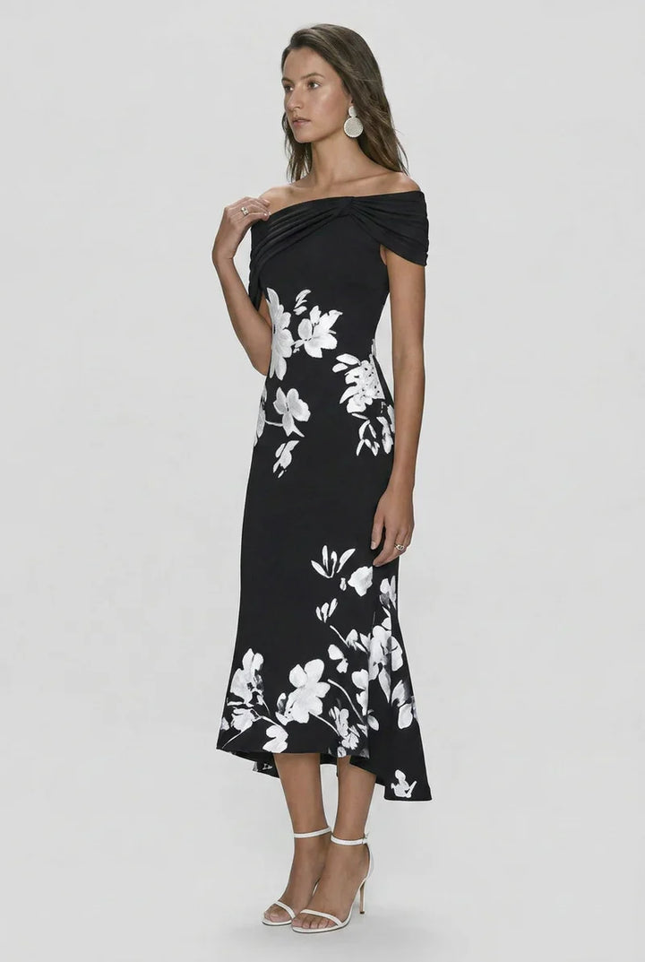 Vibrant floral off-shoulder midi bodycon dress for women, a stunning summer party & cocktail outfit.