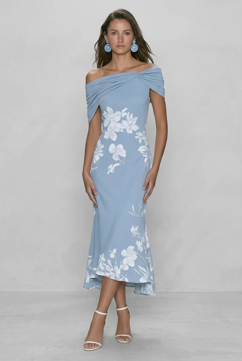 Attractive women's off-shoulder floral print midi bodycon dress, ideal for elegant evening events.