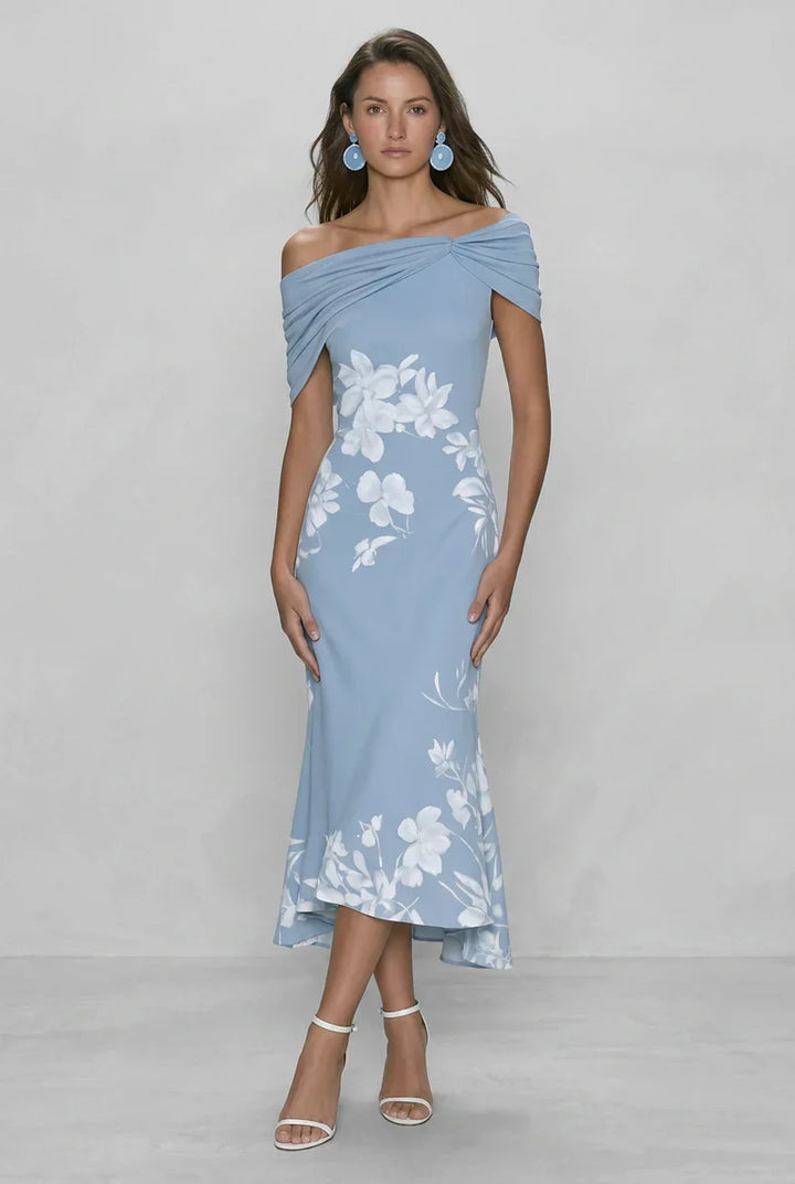 Attractive women's off-shoulder floral print midi bodycon dress, ideal for elegant evening events.