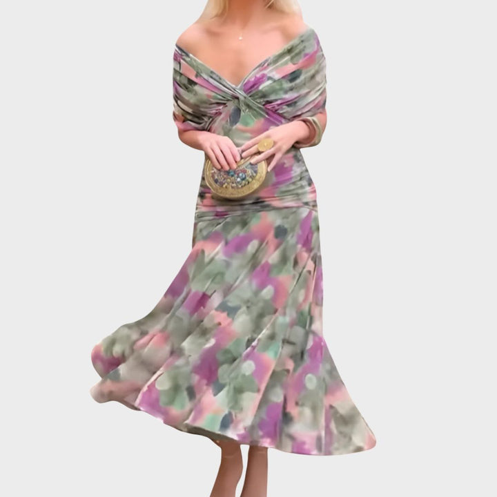 Elegant women's off-shoulder ruched maxi dress in black, perfect for evening formal occasions