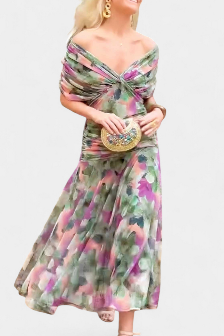 Women's formal off-shoulder maxi dress with elegant ruching, a sophisticated evening gown