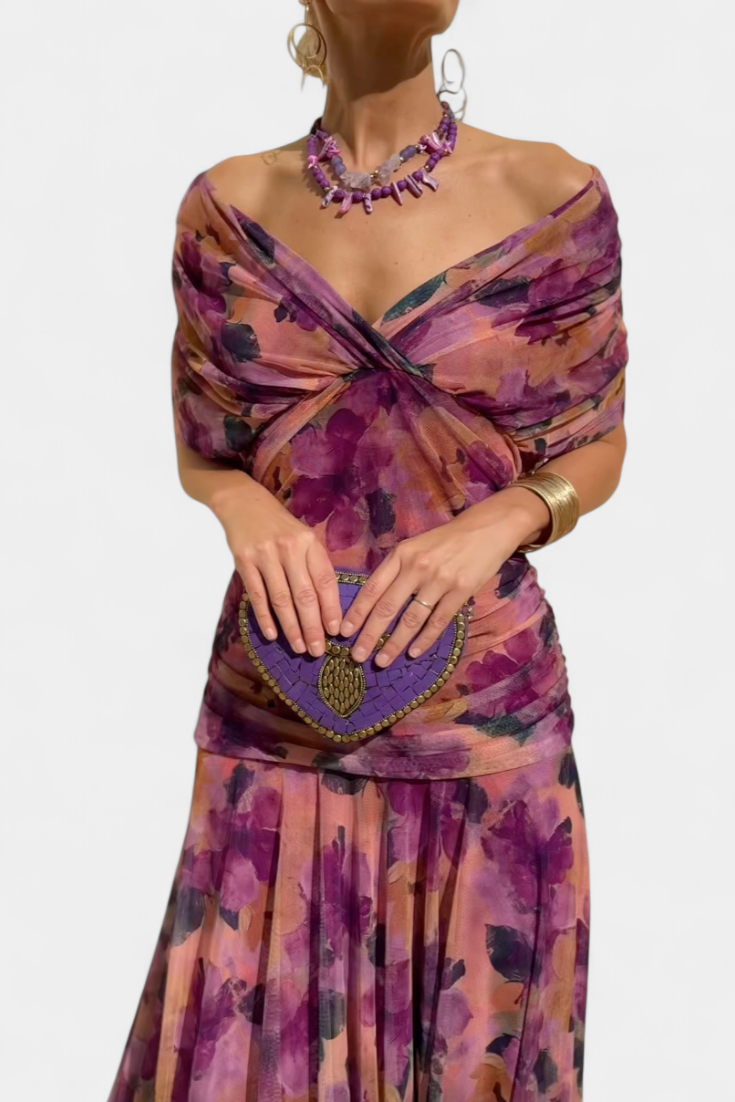 Sophisticated off-shoulder ruched maxi dress, a formal women's garment for special occasions