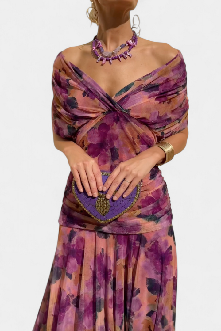 Sophisticated off-shoulder ruched maxi dress, a formal women's garment for special occasions