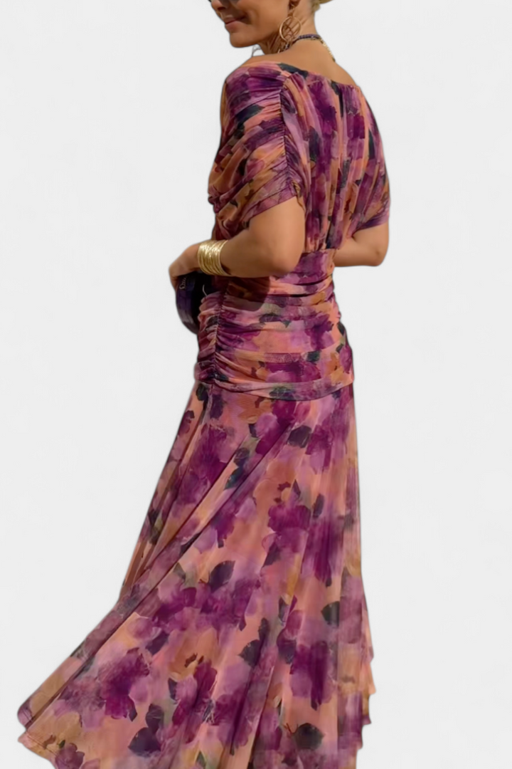 Elegant women's maxi dress with off-shoulder neckline and flattering ruched waist design