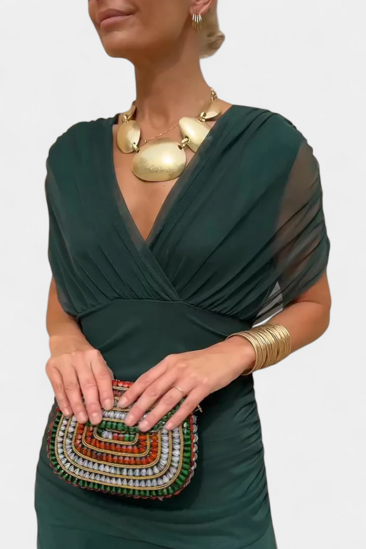 Formal women's off-shoulder ruched maxi dress in a classic color, versatile for evening wear