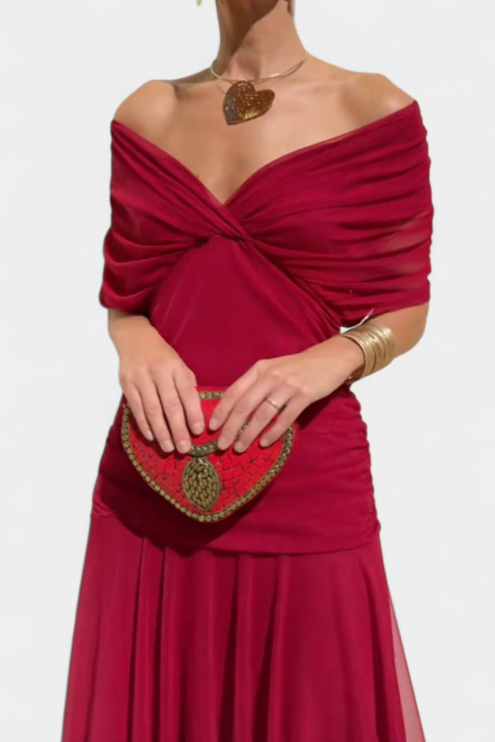 Sophisticated women's party maxi dress with off-shouder neckline and intricate ruching
