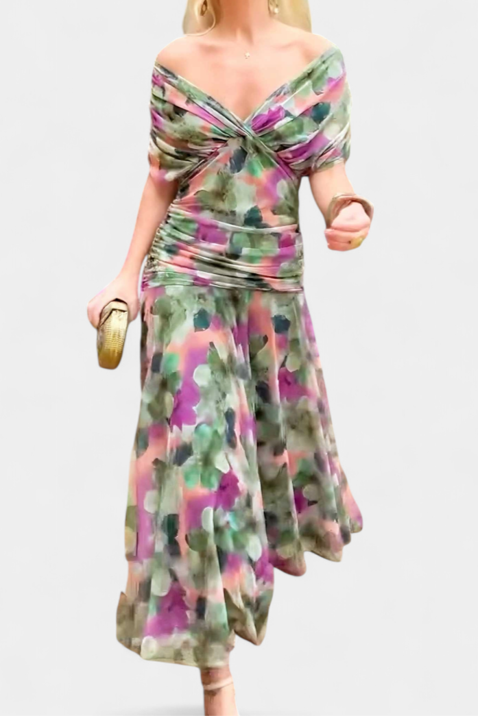 Sophisticated flowy off-shoulder maxi dress with ruched detailing for women's party wear