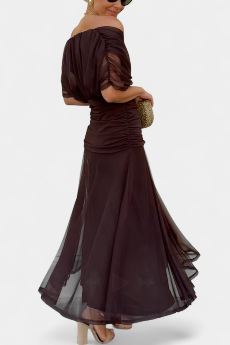 Elegant women's off-shoulder maxi dress in a rich jewel tone, featuring delicate ruching