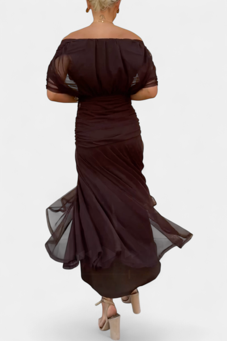 Stylish off-shoulder ruched maxi dress for women, suitable for formal dinners and evening events
