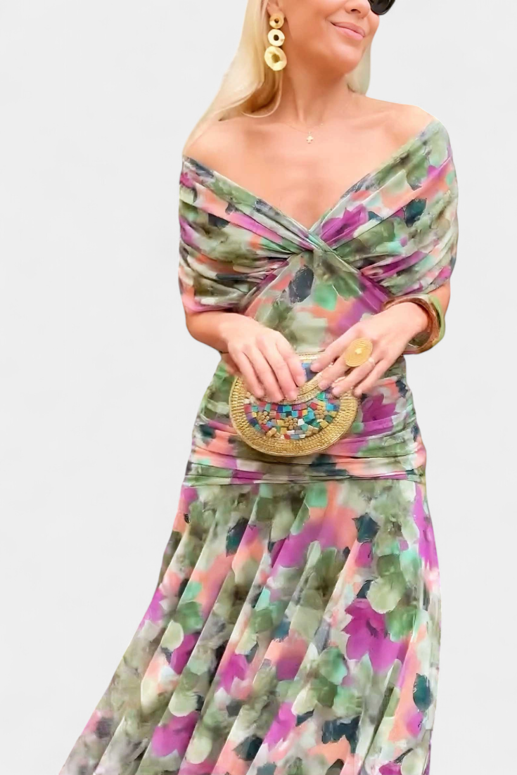 Textured detail of the ruched fabric on a women's elegant off-shoulder party maxi dress