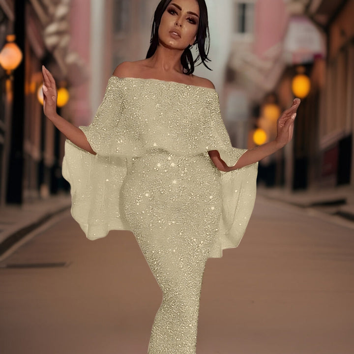 Chic off-shoulder ruffle dress for women, an elegant party or evening wear choice. Perfect for summer.