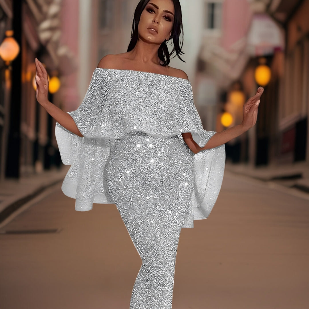 Women's elegant off-shoulder ruffle dress, suitable for summer parties, cocktail events, and evening wear.