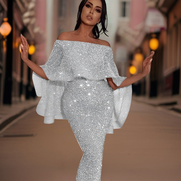 Women's elegant off-shoulder ruffle dress, suitable for summer parties, cocktail events, and evening wear.