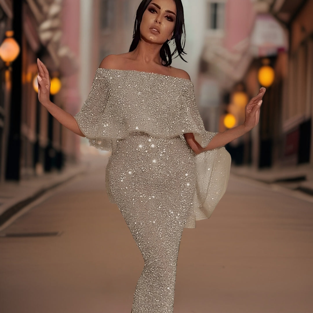 Fashionable women's off-shoulder ruffle dress, an elegant summer cocktail or evening party dress.