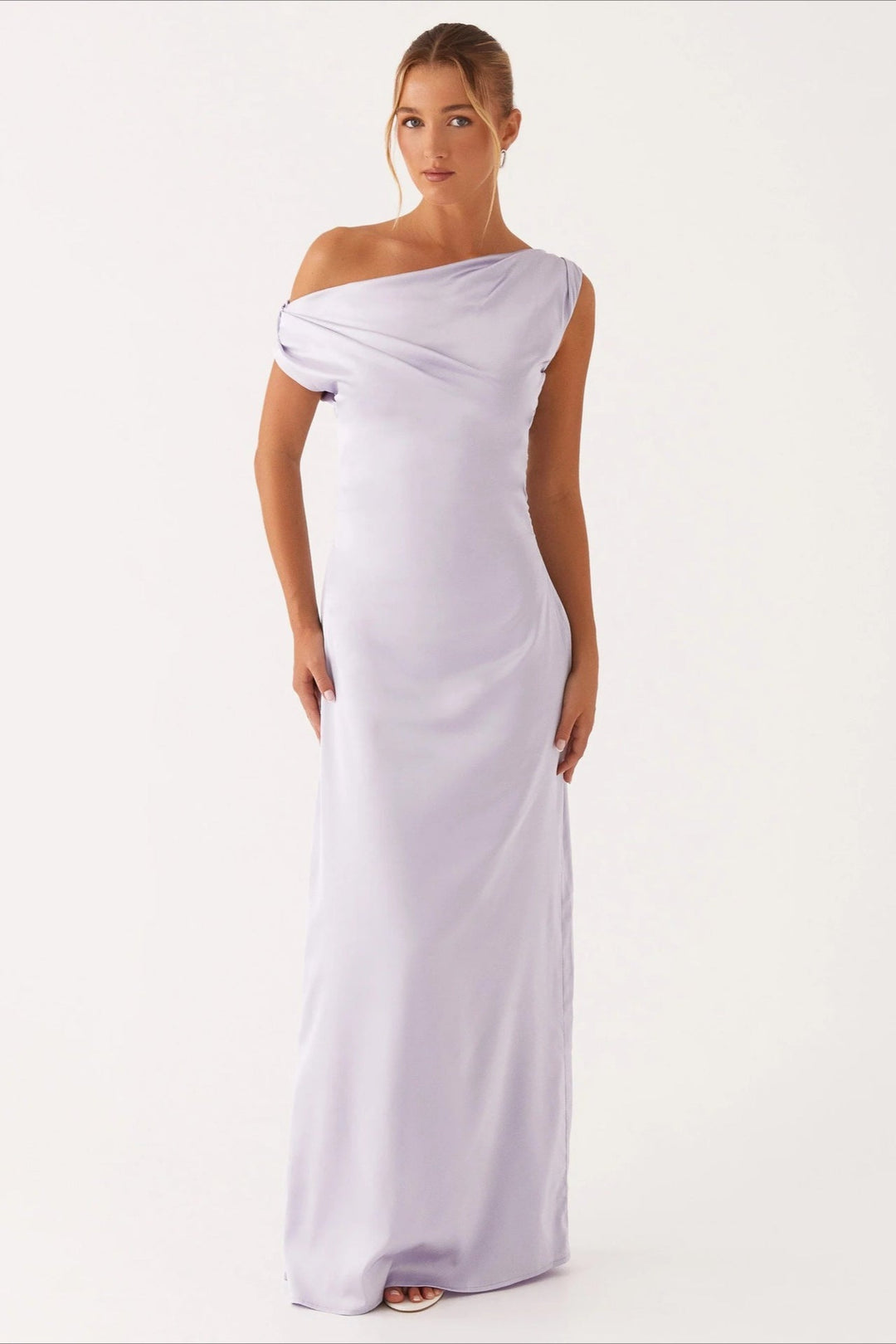 Classic elegant women's one-shoulder high-waist maxi dress, with an asymmetric skirt for formal wear.