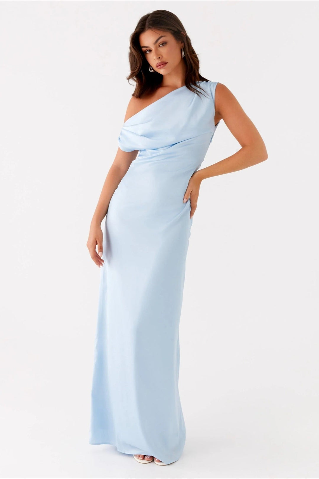 Stylish high-waist one-shoulder maxi dress for women, featuring a chic asymmetric design & flowing skirt.