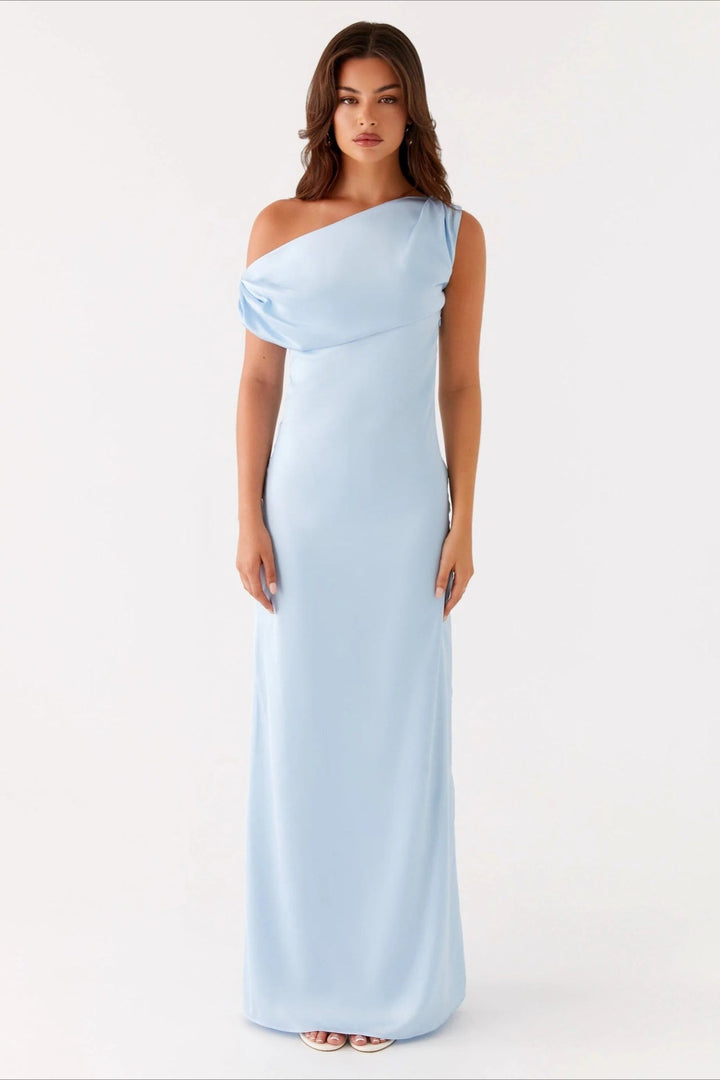 Chic asymmetric one-shoulder maxi dress for women, ideal as a party or evening gown.