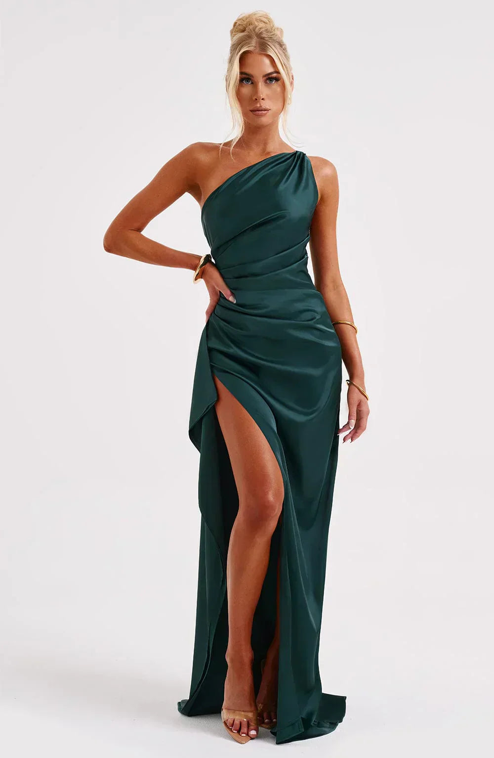 Striking women's asymmetric one-shoulder evening gown, a beautiful and formal party dress.