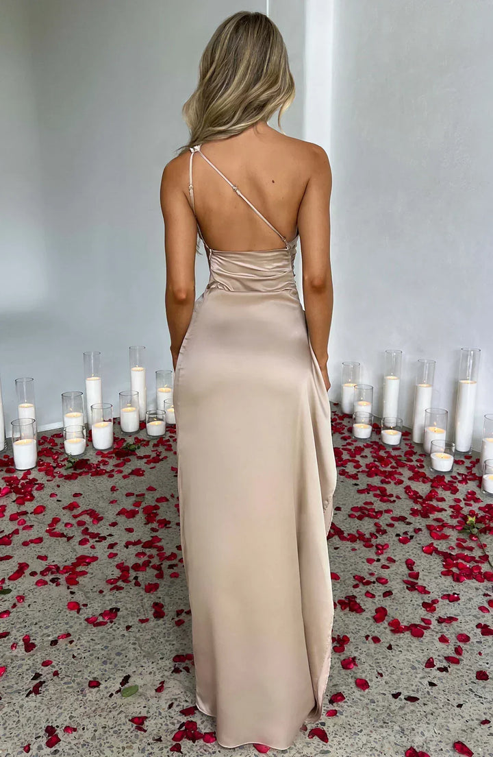 Full-length one-shoulder elegant women's dress, a timeless piece for any formal spring or summer event.