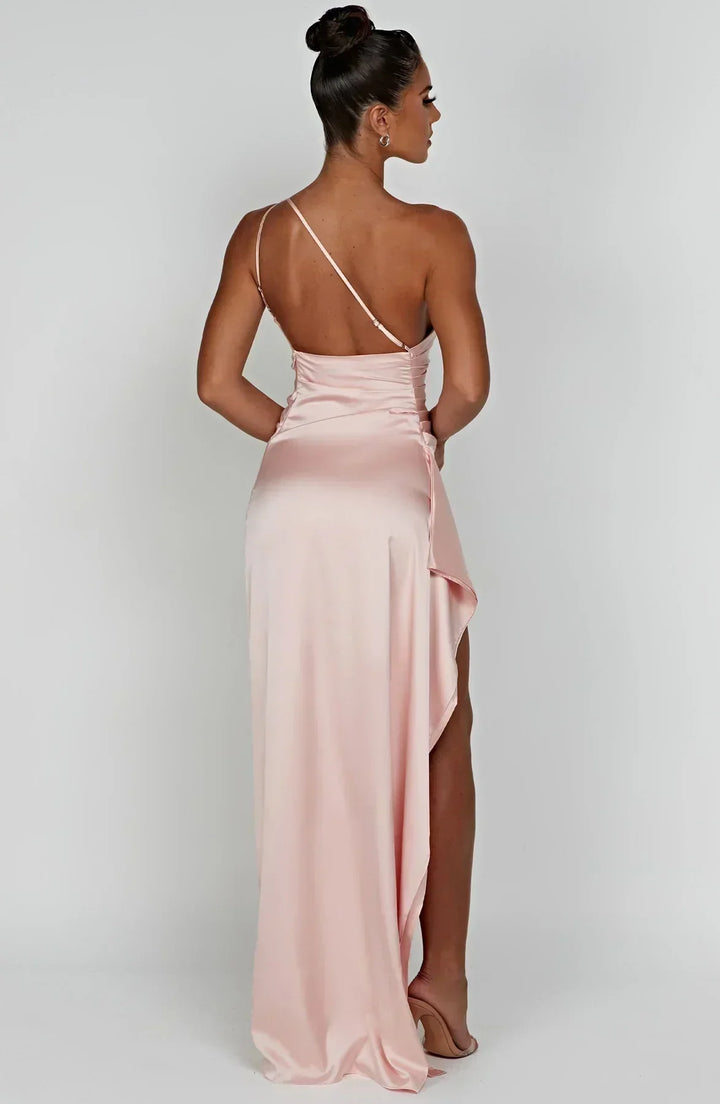 Sophisticated women's maxi dress featuring a unique asymmetric one-shoulder neckline, perfect for parties.