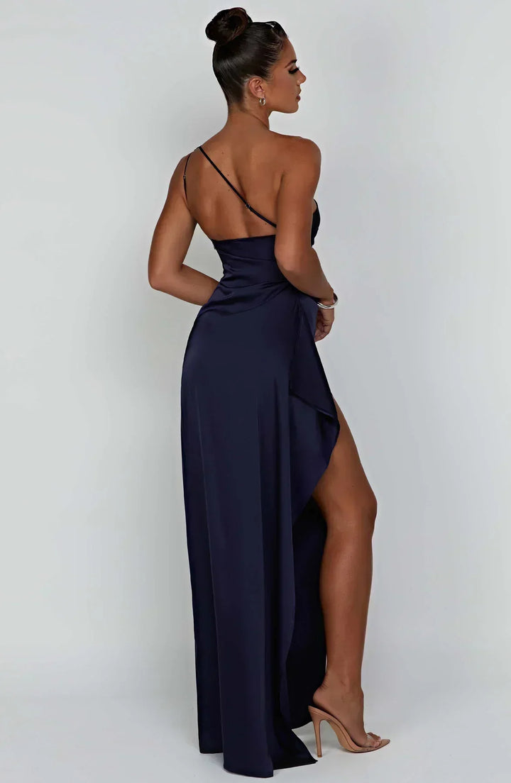 Graceful asymmetric maxi dress in black for women, suitable as a formal or party dress.