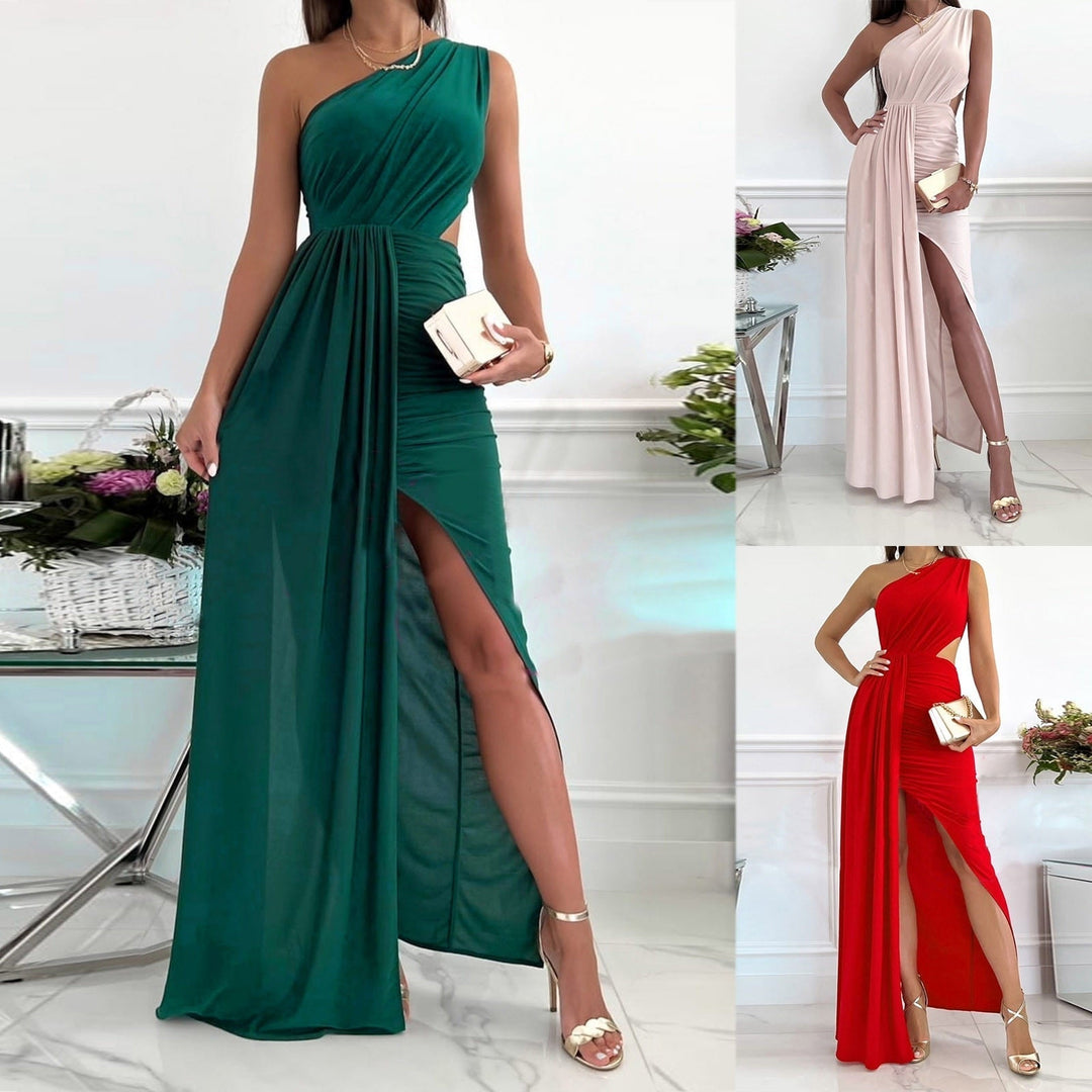 Elegant women's one shoulder maxi dress with draped waist and high split. Perfect evening gown for special occasions.
