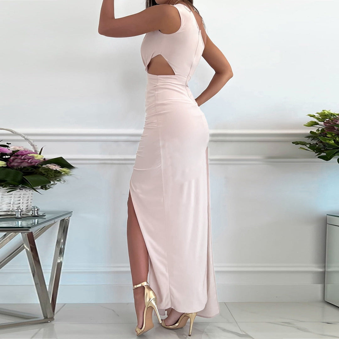 Stunning blue green one shoulder maxi dress for women, with an elegant draped waist & high slit. Party or formal gown.