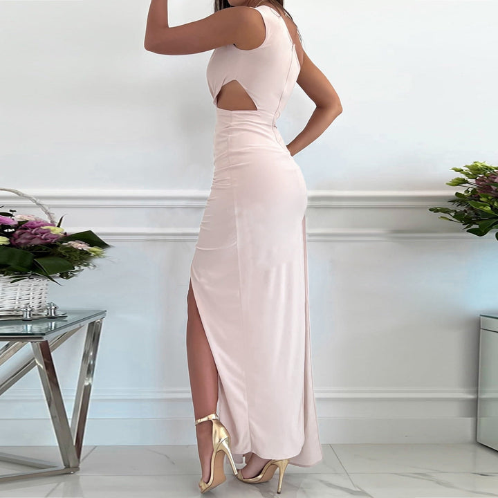 Stunning blue green one shoulder maxi dress for women, with an elegant draped waist & high slit. Party or formal gown.
