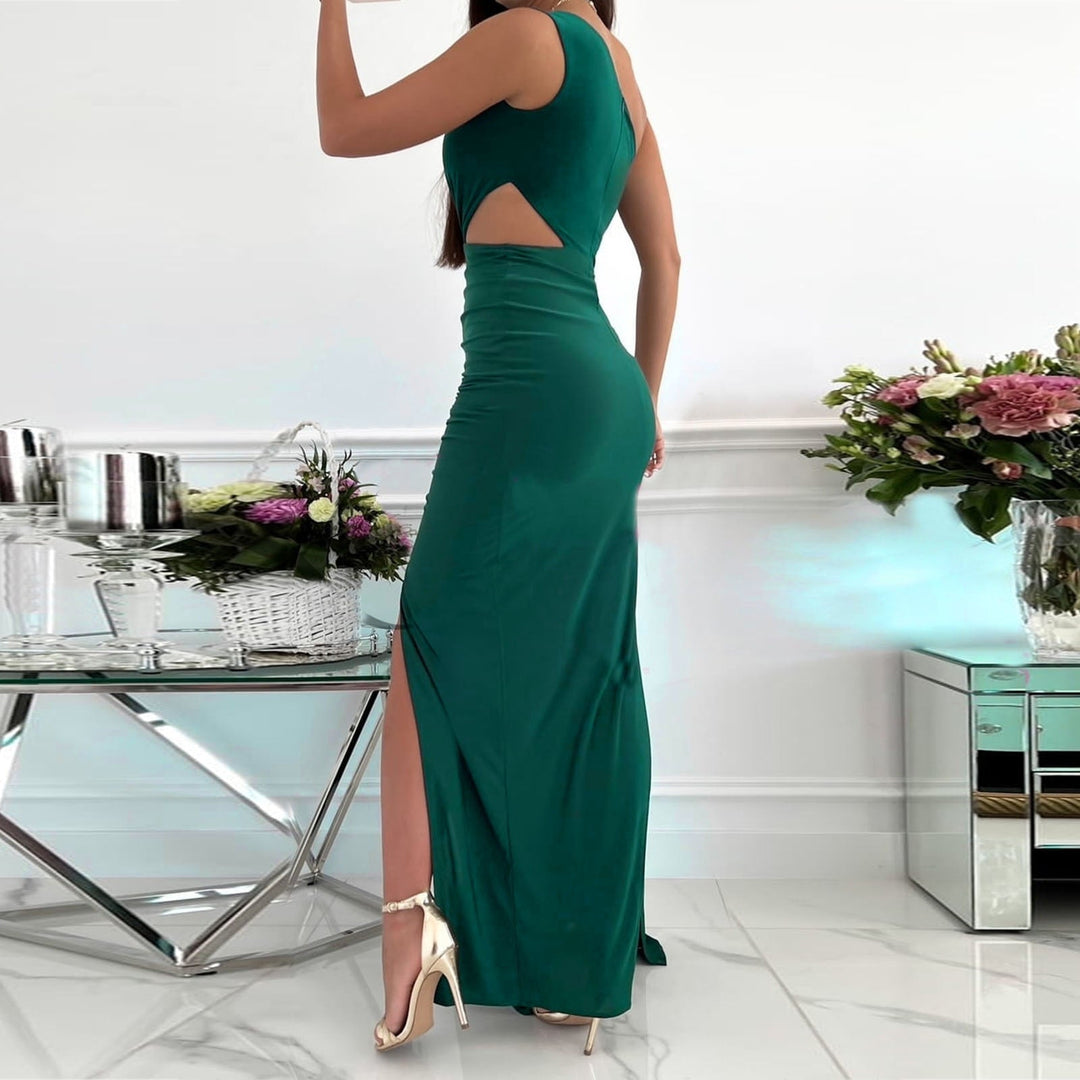 Women's one shoulder maxi dress with a sophisticated draped waist and high slit. An elegant formal party gown.