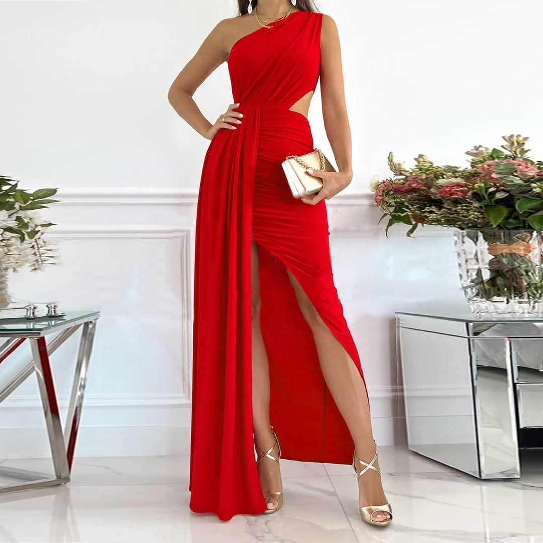 Sophisticated women's evening gown: one shoulder, draped waist, and a stylish split. Perfect for special events.