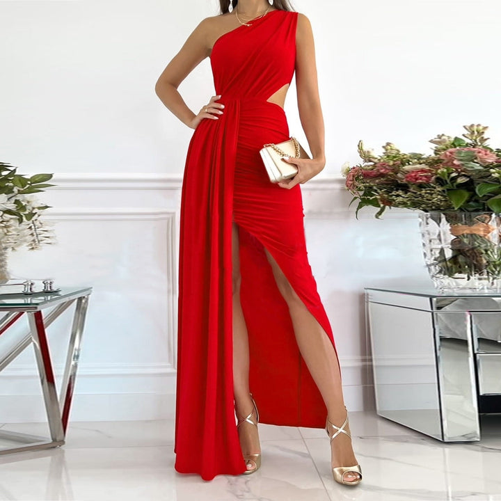 Sophisticated women's evening gown: one shoulder, draped waist, and a stylish split. Perfect for special events.