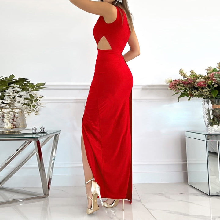 Elegant women's formal one shoulder maxi dress, featuring a draped waist and thigh split. Ideal for evening parties.