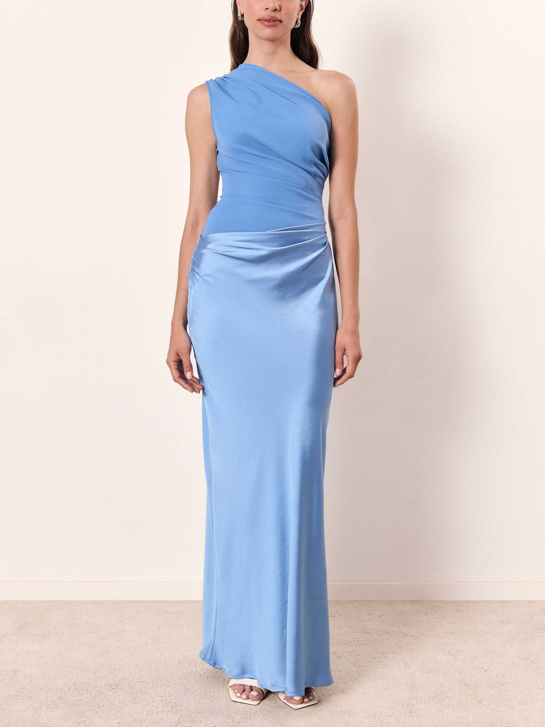 Elegant one-shoulder pleated party dress for women, a formal maxi gown for evening and cocktail events.