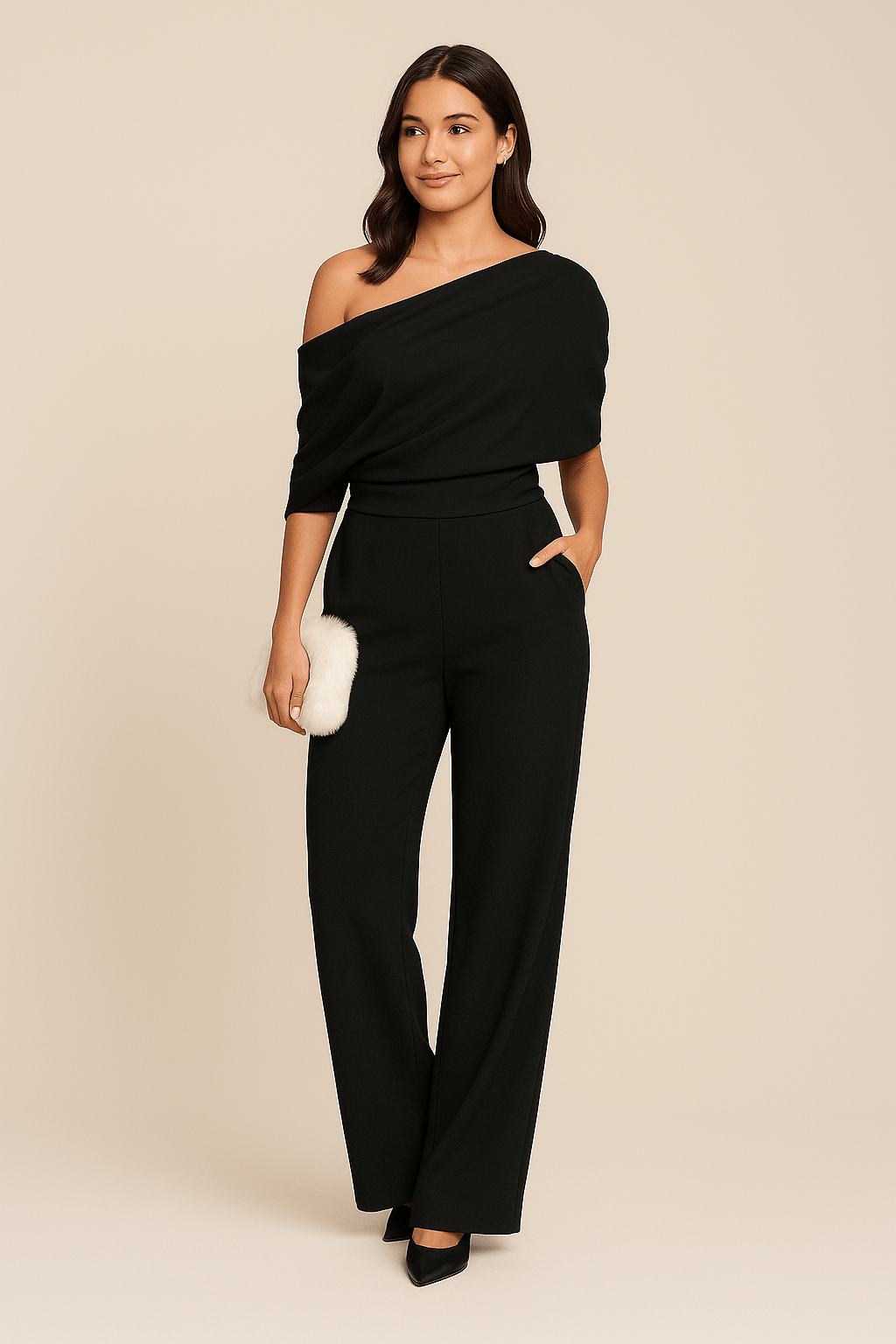 Stylish women's black one-shoulder jumpsuit featuring a flowing wide-leg design, ideal for summer occasionwear.