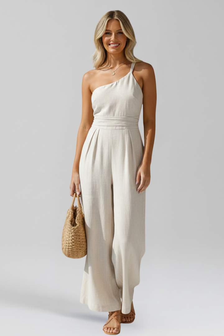 Chic one-shoulder wide-leg jumpsuit for women, a versatile summer fashion statement.